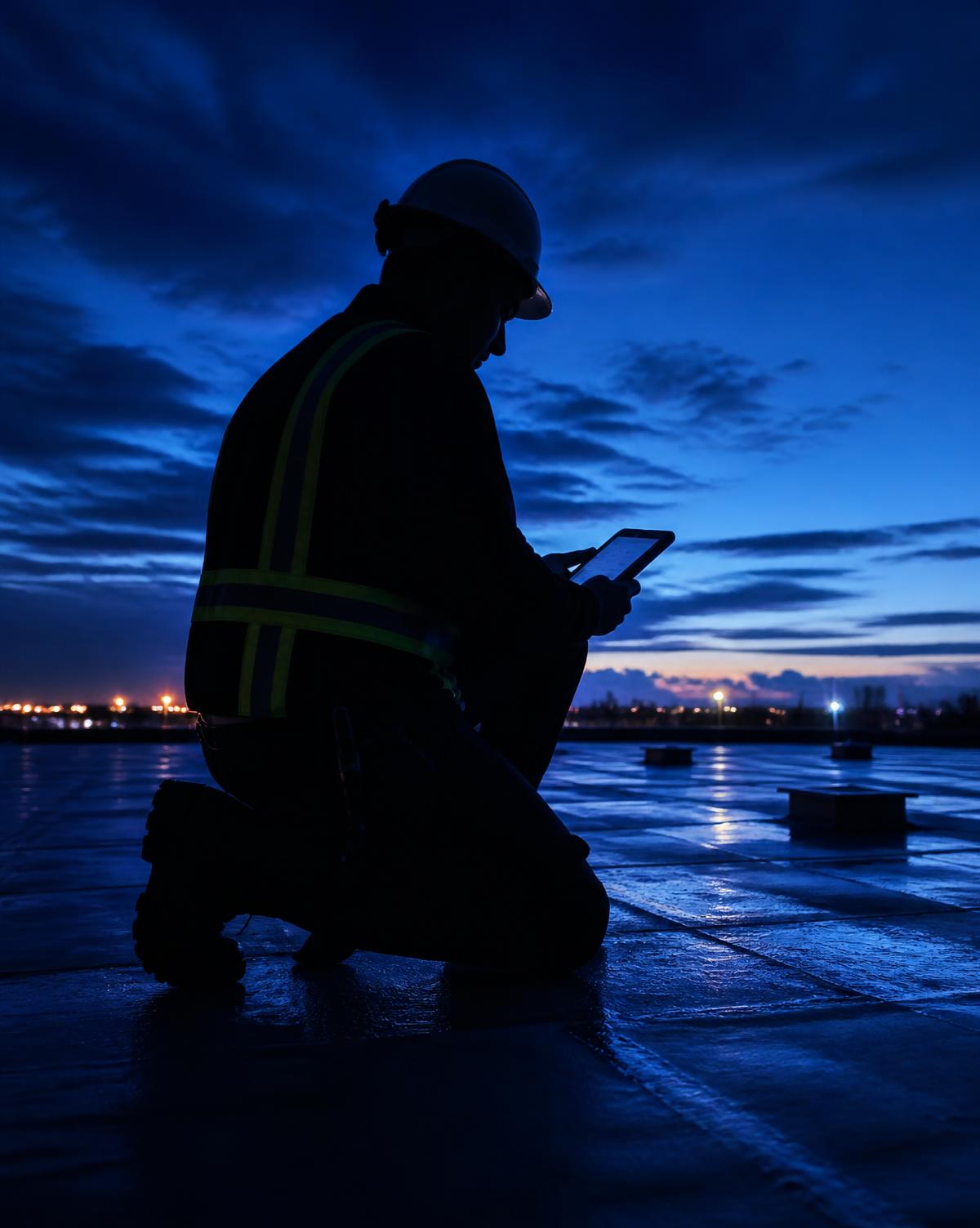 Roofing inspector documenting a commercial roof at dusk