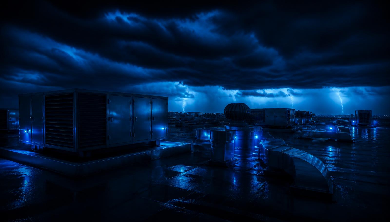 Rooftop mechanical units under a storm sky